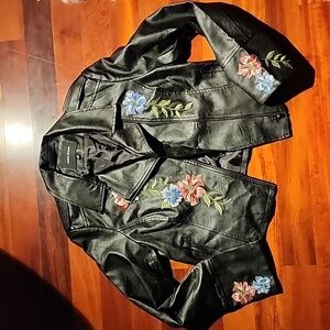 Floral embroidered faux leather jacket